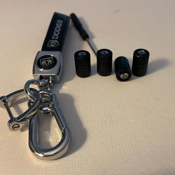 Dodge Logo Key Fob Keychain in Black Leather and Valve Stem Caps in Black NWT - Picture 2 of 5